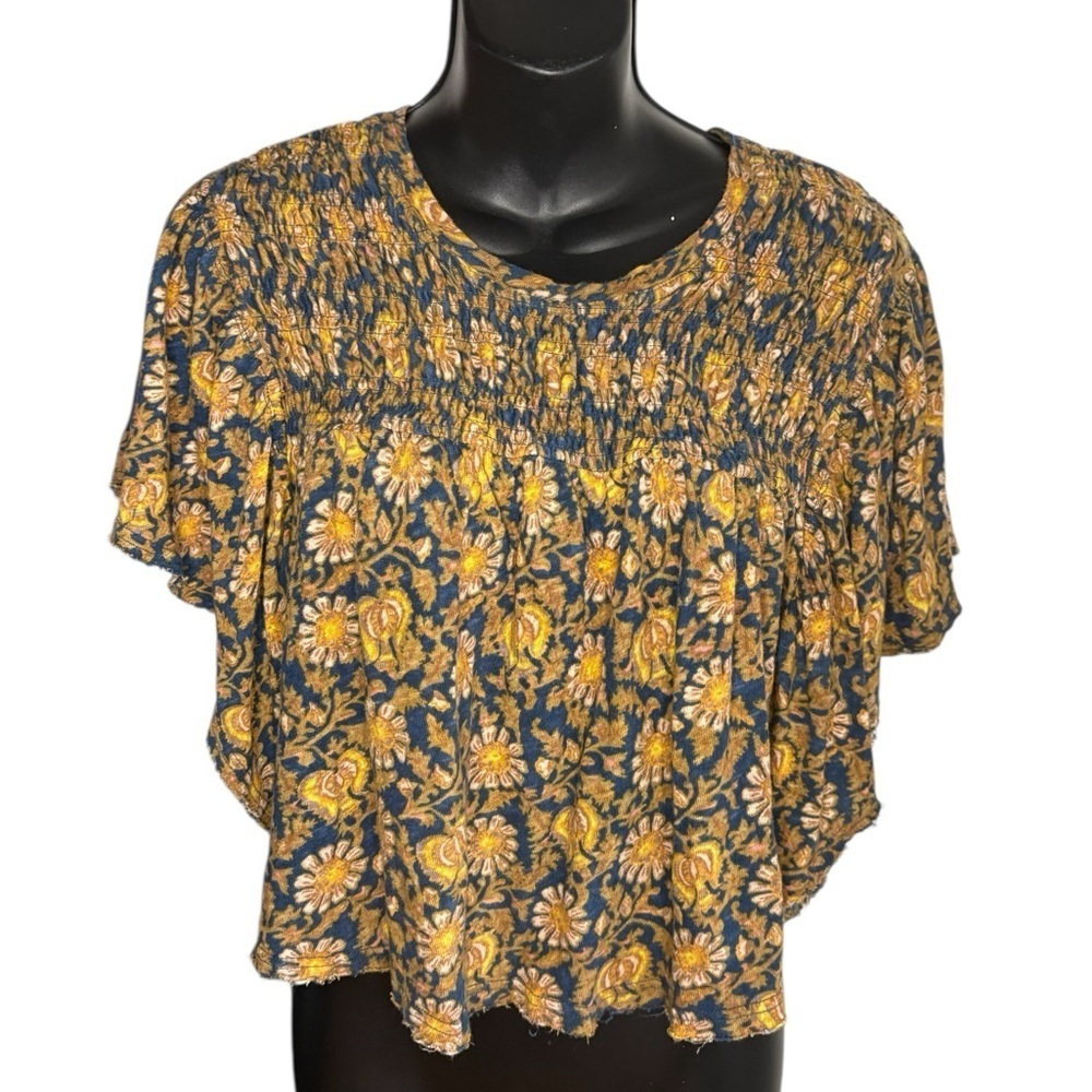Free People navy and Yellow Printed Ruffled Up Top Floral Blouse sz M - Picture 7 of 14